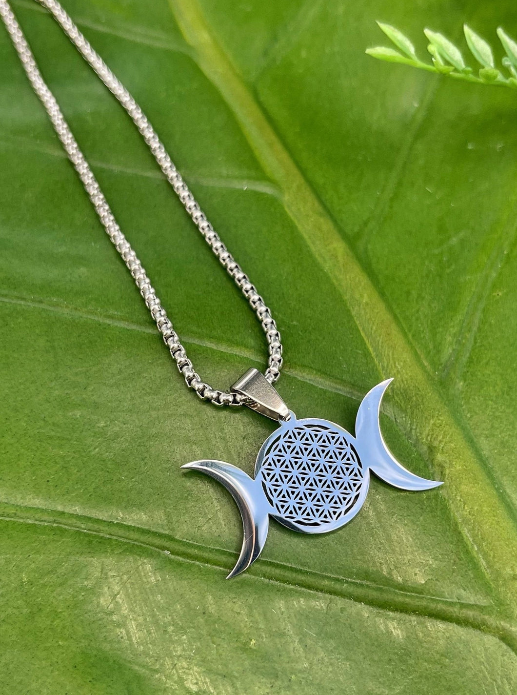 Flower of Life Triple Moon Silver Necklace