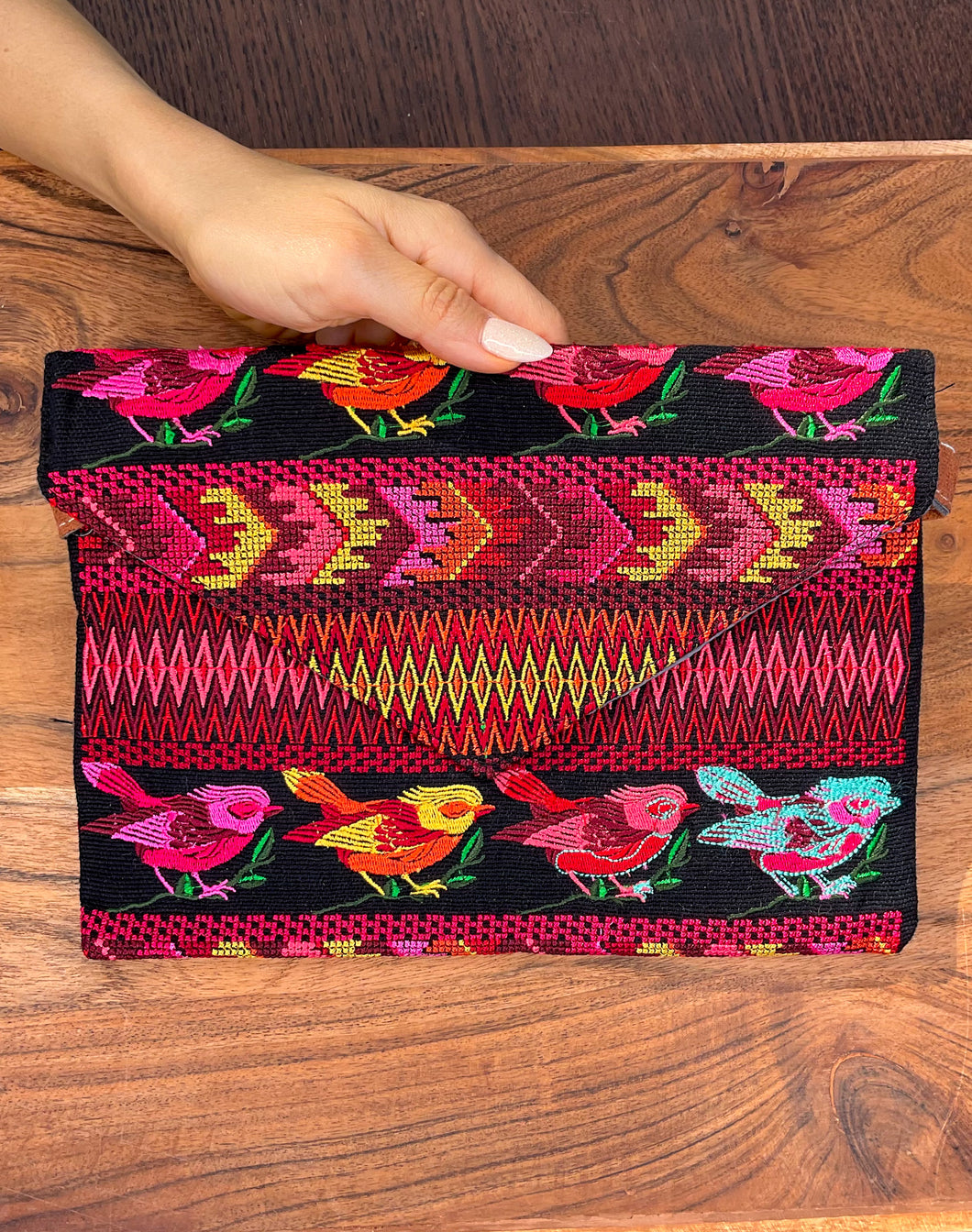 Embroidered Clutch Handbag - Pink Birds