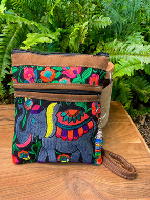 Embroidered Faux Leather Purse with Double Zipper & Adjustable Strap - Elephant