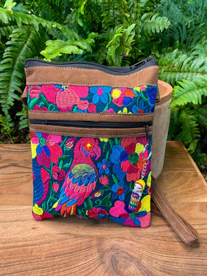 Embroidered Faux Leather Purse with Double Zipper & Adjustable Strap - Parrot