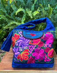 Embroidered Floral Large Messenger Bag - Blue