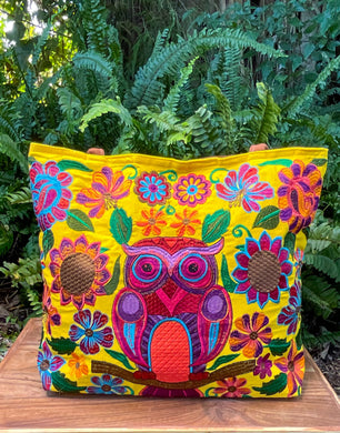 Embroidered Faux Leather Large Tote with Owl Design - Yellow