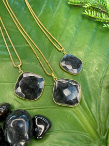 Onyx Faceted Square Crystal Medallion Gold Necklace