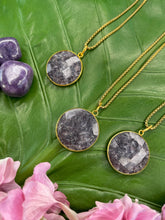 Load image into Gallery viewer, Lepidolite Circular Crystal Medallion Gold Necklace