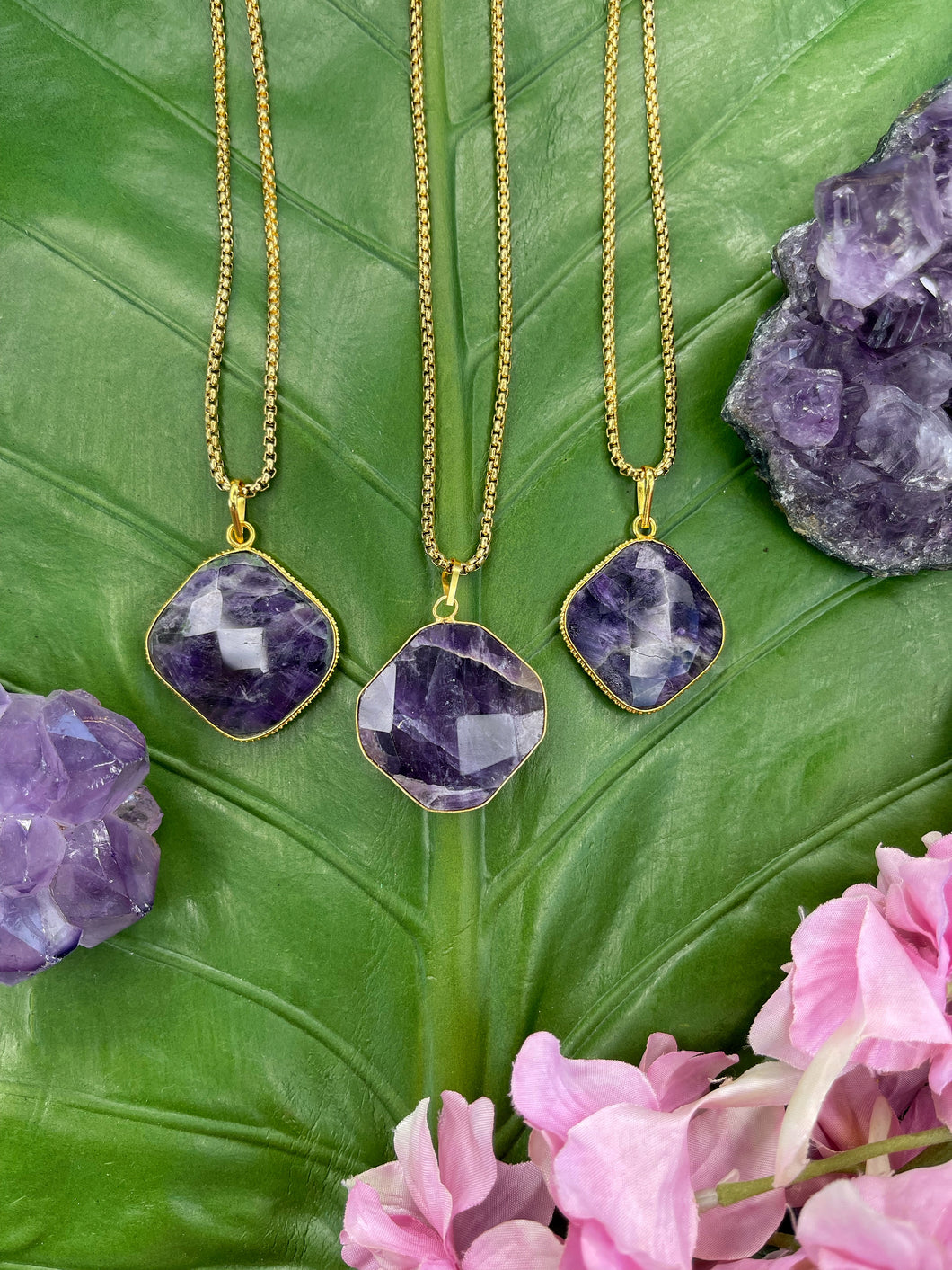 Amethyst Faceted Square Crystal Medallion Gold Necklace