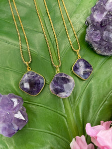 Amethyst Faceted Square Crystal Medallion Gold Necklace