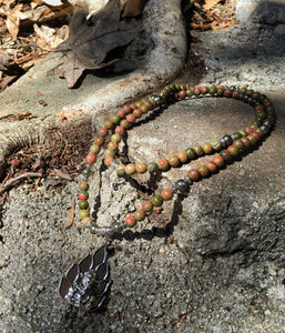 Unakite & Pyrite 108 Mala Beads w/ Ganesh