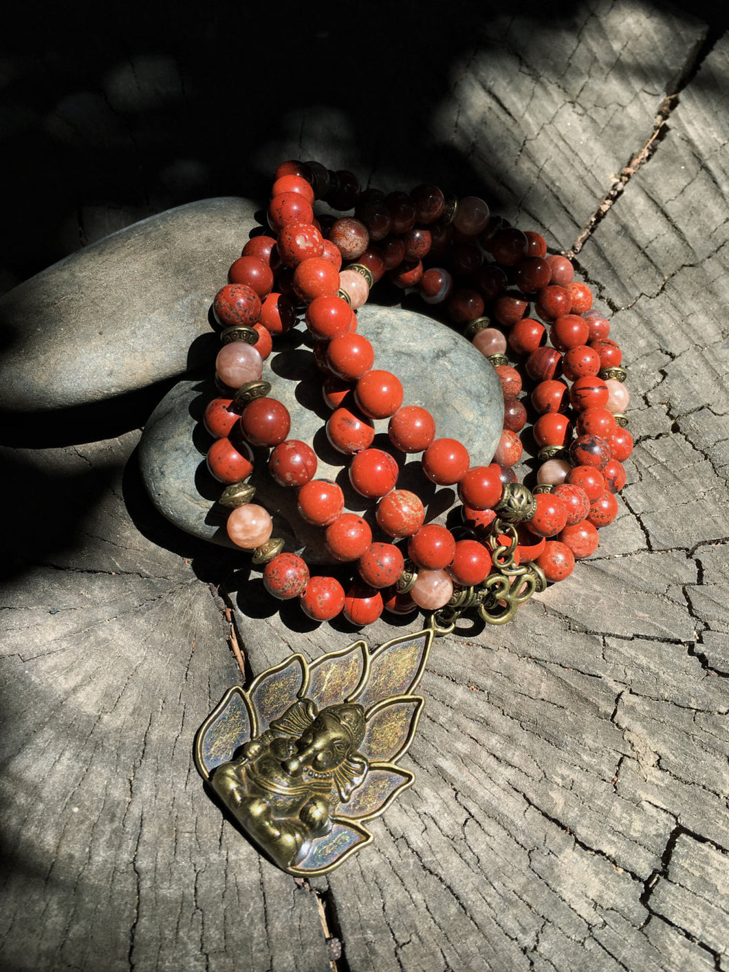 Sunstone & Red Jasper Mala Necklace w/ Ganesh