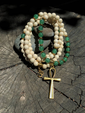 Green Aventurine & White Wood Mala Beads with Egyptian Ankh
