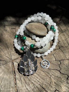 Milky Quartz & Malachite Mala Beads w/ Ganesha Pendant