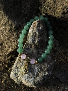 Green Aventurine & Rose Quartz Bracelet | Om Aum Bracelet | For Love, Prosperity, Gratitude | Heart Chakra 4th Fourth Chakra