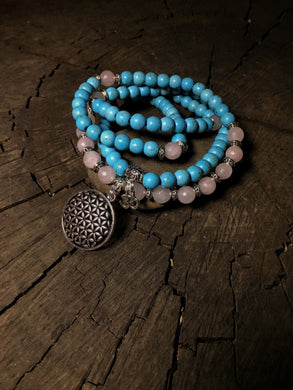 Rose Quartz & Turquoise Howlite Mala Beads w/ Flower of Life