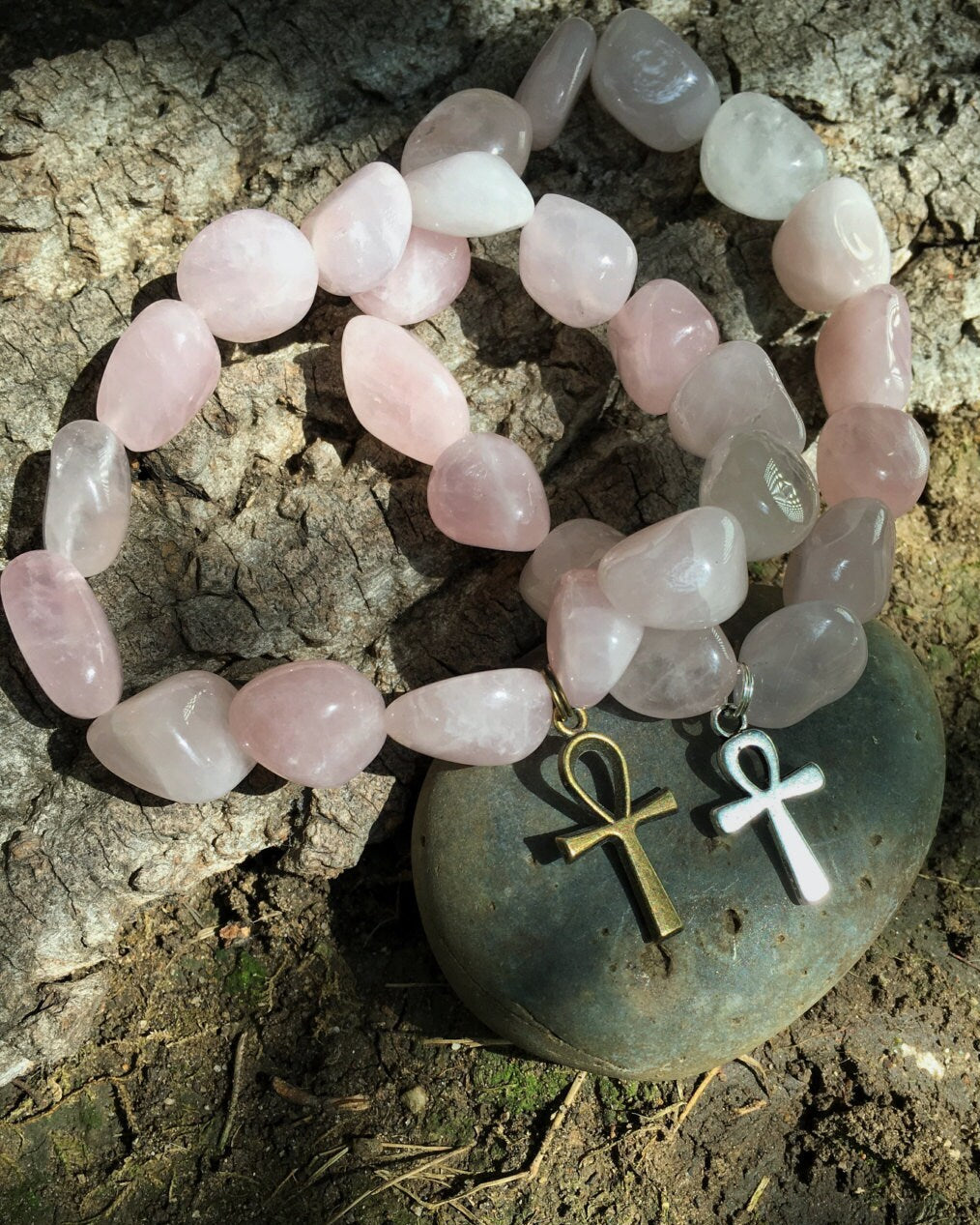 ROSE QUARTZ Ankh Bracelet - Egyptian Cross - Heart Chakra Chakra - 4th Chakra - Eye of Horus Pharaoh Isis, Nefertiti, Ra, Pyramid Egypt