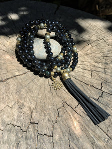 obsidian and pyrite 108 bead meditation mala 