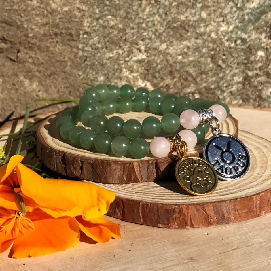 Zodiac Taurus Bracelet Green Aventurine Rose Quartz Crystal Bracelet