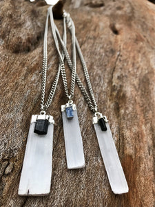 Selenite & Blue Kyanite Silver Crystal Necklace