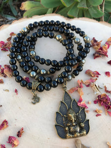 Obsidian & Pyrite 108 Mala Beads w/ Ganesh