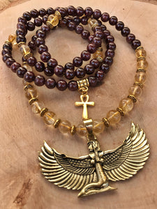 Garnet & Citrine 108 Mala Beads w/ Egyptian Goddess Isis