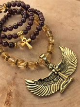 Load image into Gallery viewer, Garnet &amp; Citrine 108 Mala Beads w/ Egyptian Goddess Isis
