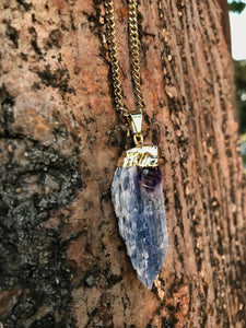 Blue Kyanite & Amethyst Crystal Gold Necklace
