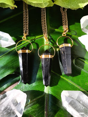 Black Tourmaline Double Terminated Crystal Point Gold Necklace