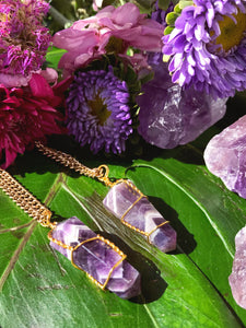 Amethyst Double-Terminated Crystal Point Wire Wrapped Pendant Gold Necklace