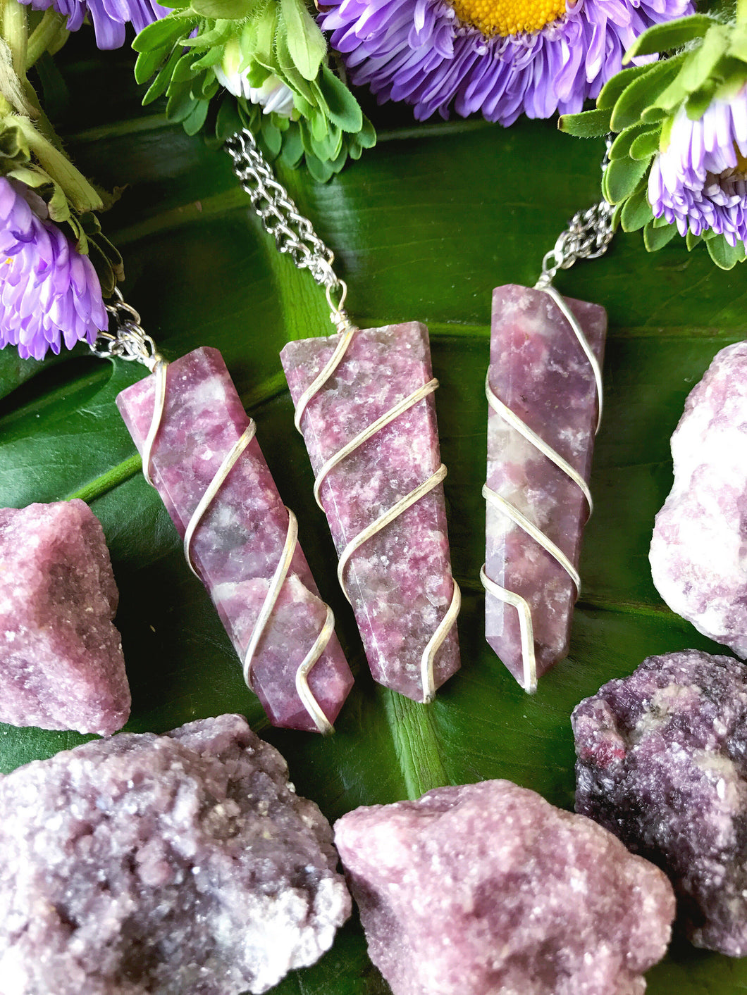 Lepidolite Flat Point Crystal Silver Necklace