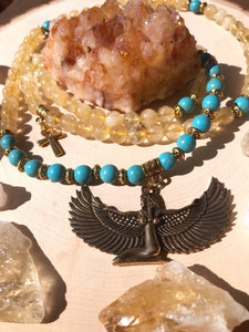 Citrine & Turquoise Howlite Mala Beads w/ Egyptian Goddess Isis
