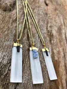 Selenite & Blue Kyanite Gold Crystal Necklace