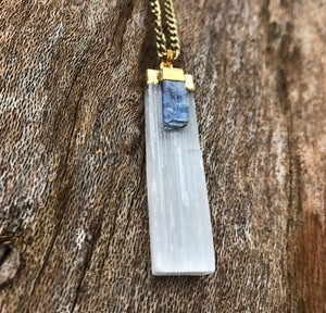 Selenite & Blue Kyanite Gold Crystal Necklace