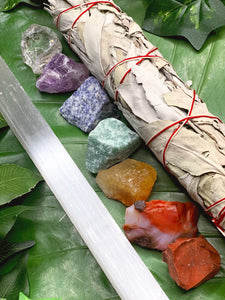 7 Chakras Raw Crystal Gift Set with Jumbo White Smudge & Selenite Wand