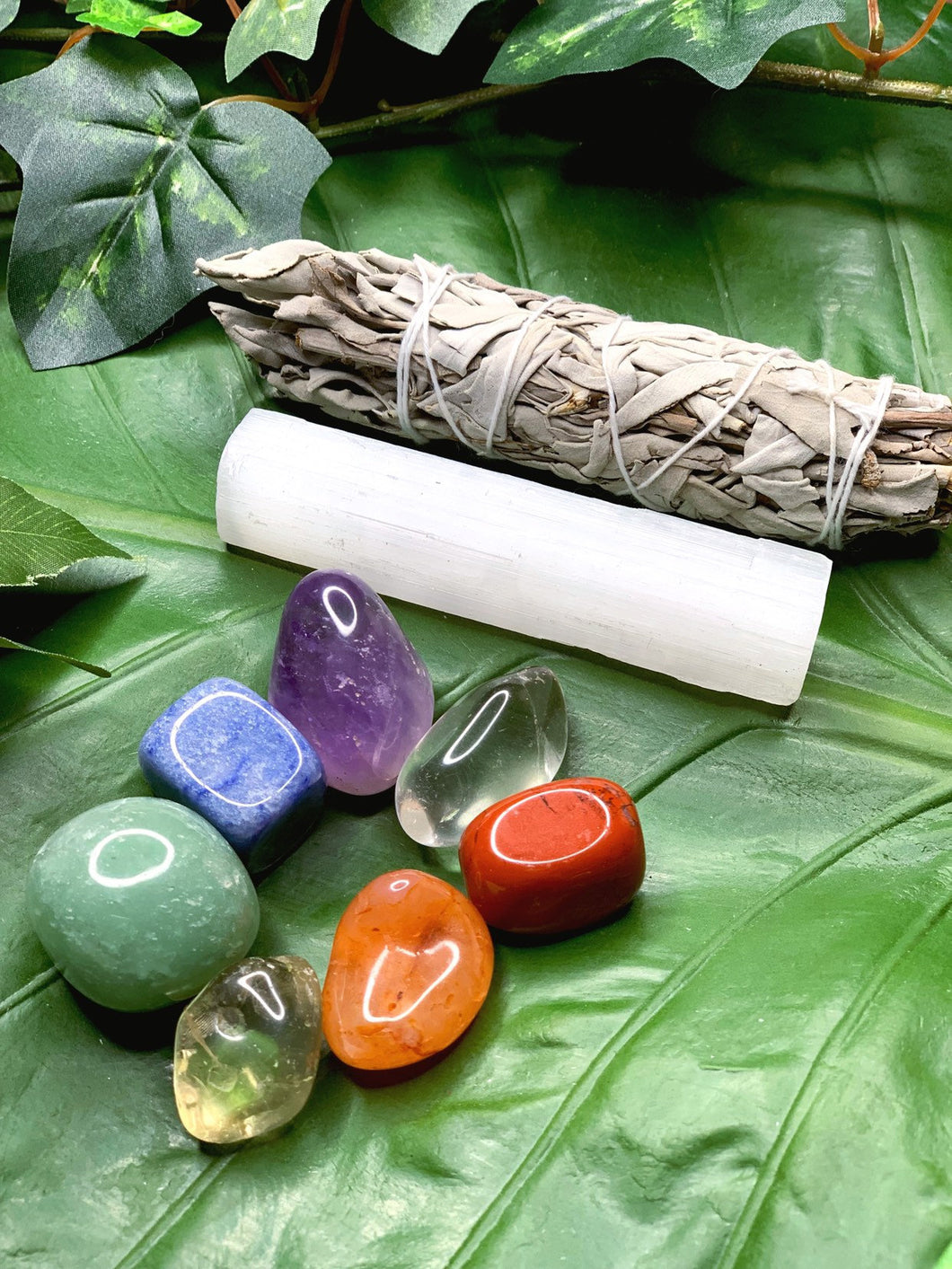 7 Chakras Crystal Gift Set with Sage Bundle & Selenite Wand