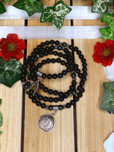 Obsidian & Hematite Mala Beads w/ Mayan Calendar