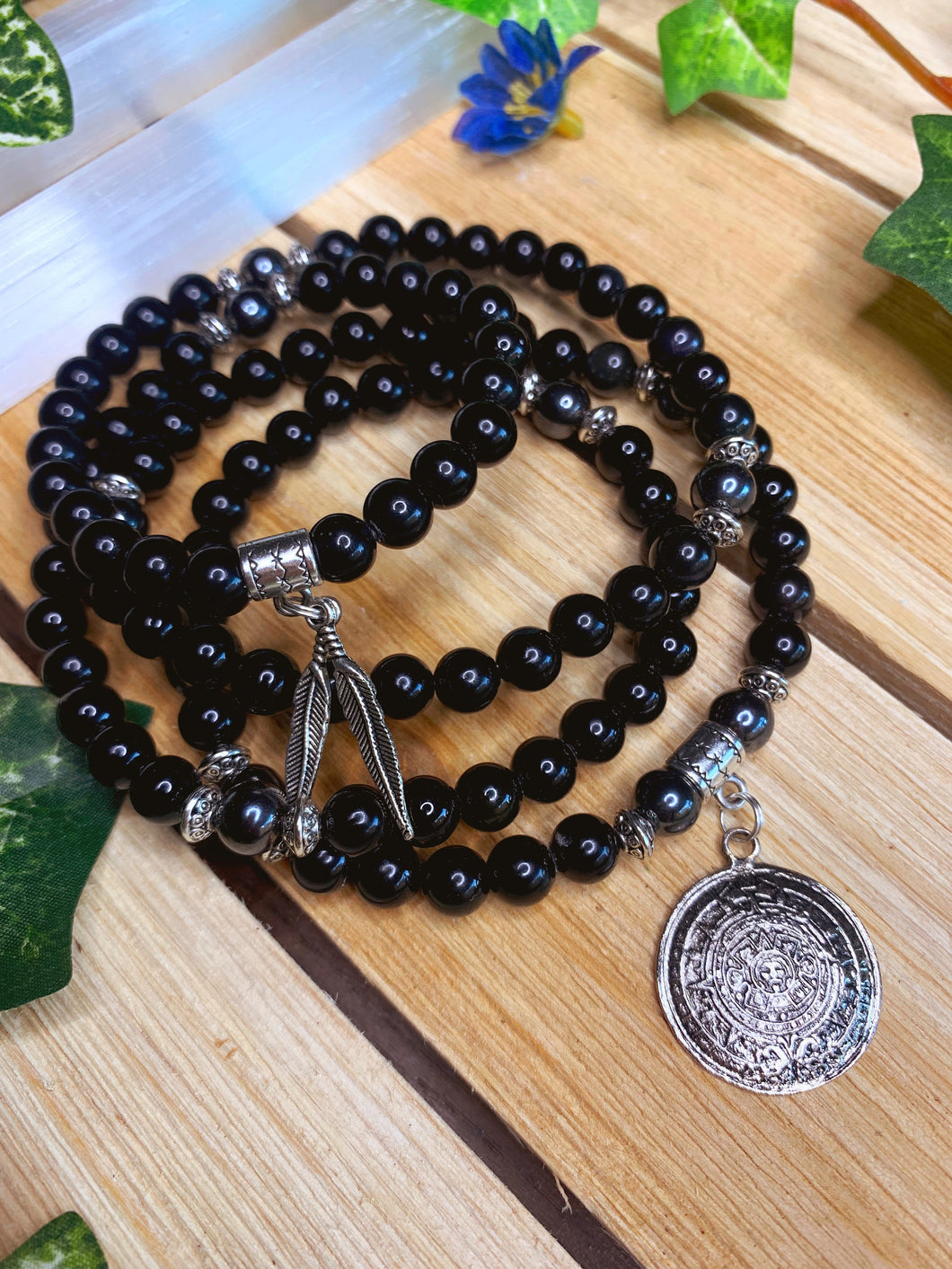 Obsidian & Hematite Mala Beads w/ Mayan Calendar