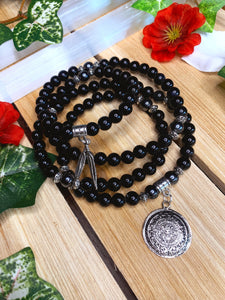 Obsidian & Hematite Mala Beads w/ Mayan Calendar