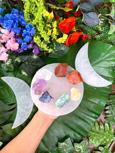 Load image into Gallery viewer, Triple Moon Goddess Selenite Charging Plate with 7 Chakra Raw Stone Set