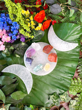 Load image into Gallery viewer, Triple Moon Goddess Selenite Charging Plate with 7 Chakra Raw Stone Set