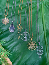 Load image into Gallery viewer, Triple Moon Goddess Symbol Necklace with Celtic Knot, Bowen Knot, Bowen Cross, Sacred Geometry Silver Lunar Pendant, Wicca Wiccan Jewelry