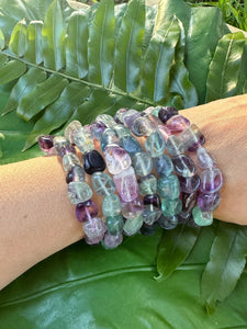 Fluorite Bracelet, Tumbled Fluorite Crystal Stretch Bracelet, Green Purple Rainbow Fluorite, Natural Polished Gemstone Beads