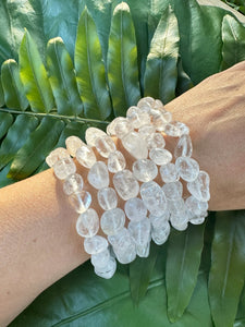 Clear Quartz Bracelet, Tumbled Crystal Beaded Stretch Bracelet, Natural Polished Handmade Gemstone Beads, One Size, Premium High Quality