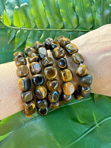 Tiger Eye Bracelet, Tumbled Crystal Beaded Stretch Bracelet, Natural Polished Handmade Gemstone Beads, One Size, Premium High Quality