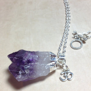 Amethyst Raw Crystal OM Silver Necklace