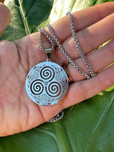 Load image into Gallery viewer, Triskele Necklace, Triskelion Symbol Silver Pendant, Irish Celtic Triple Spiral Symbol, Sacred Geometry, Wicca Jewelry by Mayan Rose