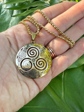 Load image into Gallery viewer, Triskele Necklace, Triskelion Symbol Gold Pendant, Irish Celtic Triple Spiral Symbol, Sacred Geometry, Esoteric Jewelry by Mayan Rose