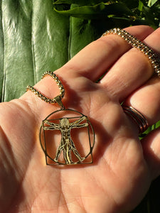 Vitruvian Man Gold Necklace, Leonardo da Vinci Pendant, Human Body Anatomy Pendant, Italian Renaissance Jewelry | Sacred Geometry Necklace