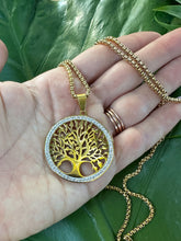 Load image into Gallery viewer, TREE of LIFE Gold Necklace with Cubic Zirconia Crystals | Tree Pendant Yoga Necklace w/ Gift Box | Sacred Geometry, Boho Jewelry, Mayan Rose