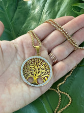 Load image into Gallery viewer, TREE of LIFE Gold Necklace with Cubic Zirconia Crystals | Tree Pendant Yoga Necklace w/ Gift Box | Sacred Geometry, Boho Jewelry, Mayan Rose
