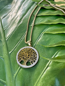 TREE of LIFE Gold Necklace with Cubic Zirconia Crystals | Tree Pendant Yoga Necklace w/ Gift Box | Sacred Geometry, Boho Jewelry, Mayan Rose