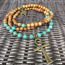 Load image into Gallery viewer, Turquoise Howlite &amp; Light Wood with Ankh Pendant