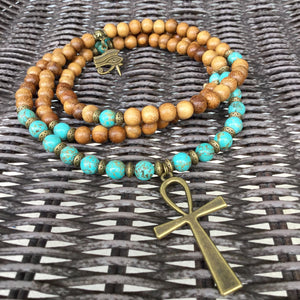 Turquoise Howlite & Light Wood with Ankh Pendant